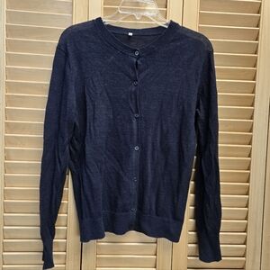 MUJI Women's Navy 100% True Hemp Button Up Long Sleeve Cardigan Slub Knit M